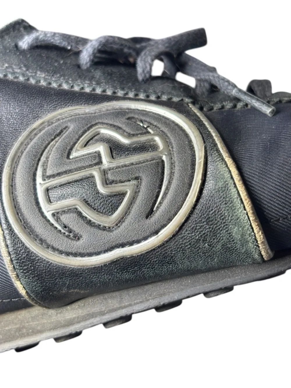 Gucci GG Logo Low Top Sneakers‎ Black Leather Suede Mens 12 G Italy Vintage Y2K